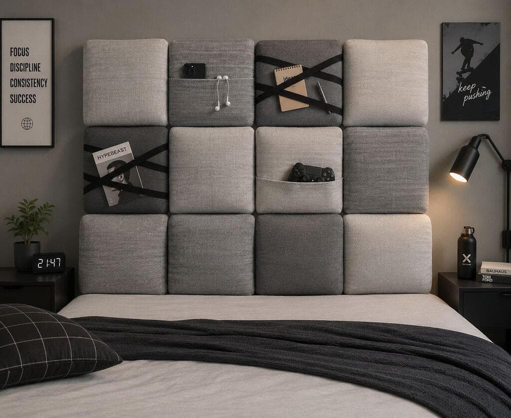 pixelbed, ראש מודולרי למיטת נוער, של הסטודנטיות דפנה שלינגר ועינב כרמון
(הדמיה באדיבות עמניח ושנקר) כיסים בראש המיטה, pixelbed