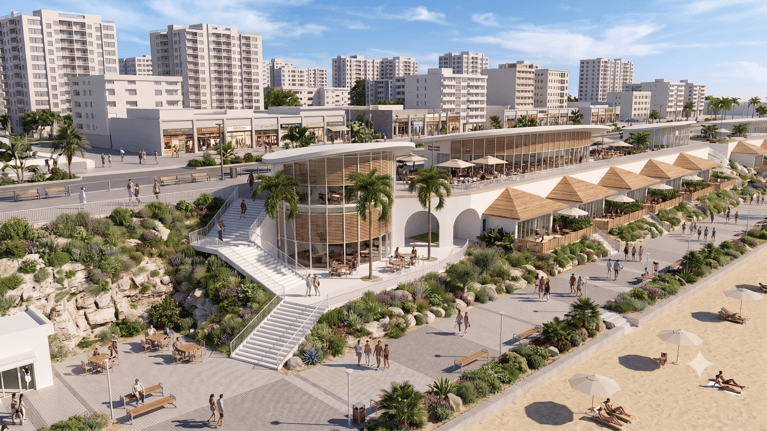 אשקלון - מבט לירידה מהרחוב לטיילת דרך המסחר ומפלס יחידות הנופש (הדמיה: מן-שנער אדריכלים) אשקלון - מבט לירידה מהרחוב לטיילת דרך המסחר ומפלס יחידות הנופש