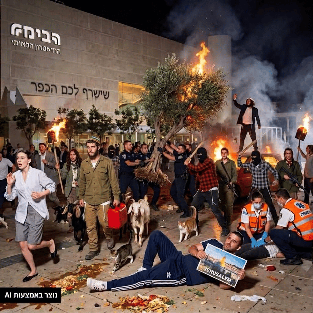 "המתנחלים לא היו יכולים לעשות דבר ממה שהם עושים בלי הצבא והמשטרה" (הדמיית AI: באדיבות קום איל פו) קמפיין "אל תגידו לא ידענו" של קום איל פו, 2026