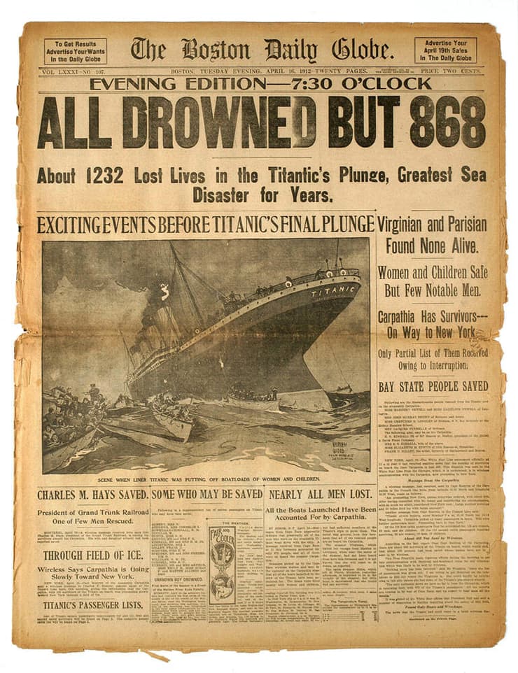 ה"בוסטון דיילי גלוב" מדווח על טביעת הטיטאניק ב-1912