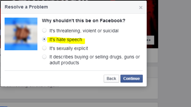 דיווח על פוסט שנאה לפייסבוק