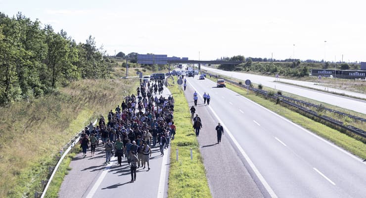 מהגרים שברחו מסוריה ועיראק צועדים על כביש בדנמרק ב-2015