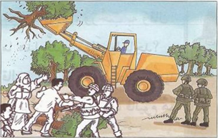 חיילים עוקרים עצים. מתוך ספרי הלימוד