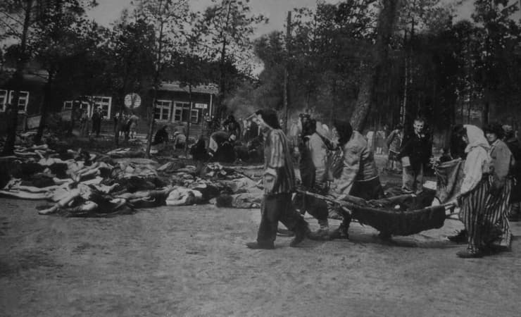 פינוי גופות בברגן בלזן ליד ביתן 210 שבו השתכנו העצורים מלוב