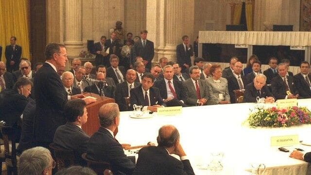 1991 נשיא ארצות הברית ארה"ב ג'ורג' בוש נואם ועידת מדריד בנימין נתניהו