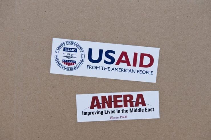 A box containing sanitation kits and soap provided by USAID being stored at a UN school in Gaza City.