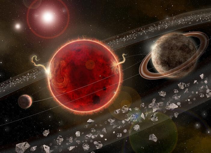 כוכב הלכת שהתגלה (מימין), לצד פרוקסימה קנטאורי (אדום), כוכב הלכת הקטן יותר וטבעת האבק