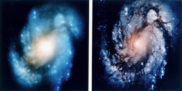 תמונות אלה מראות את הגלקסיה הספיראלית M100 כפי שנראתה לפני התיקון (משמאל), ולאחריו