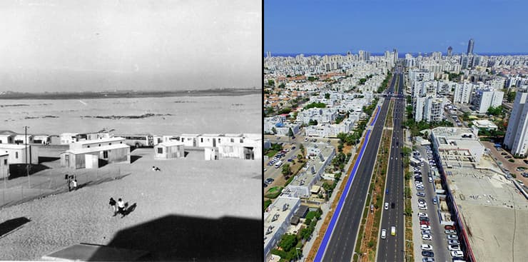 אשדוד בשנת 2000 ומשמאלה - בשנת 1956 