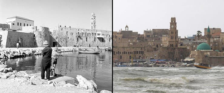 אז והיום: נמל עכו בשנת 1967 (משמאל) וכיום 