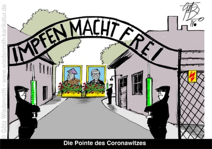 שער הכניסה לאושוויץ ועליו המלים "החיסון משחרר", במקום "העבודה משחררת"