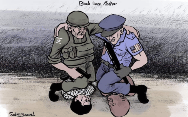 קריקטורה בה שני שוטרים מחובקים, האמריקאי חונק אדם שחור בצווארו, והישראלי חונק פלשתינאי