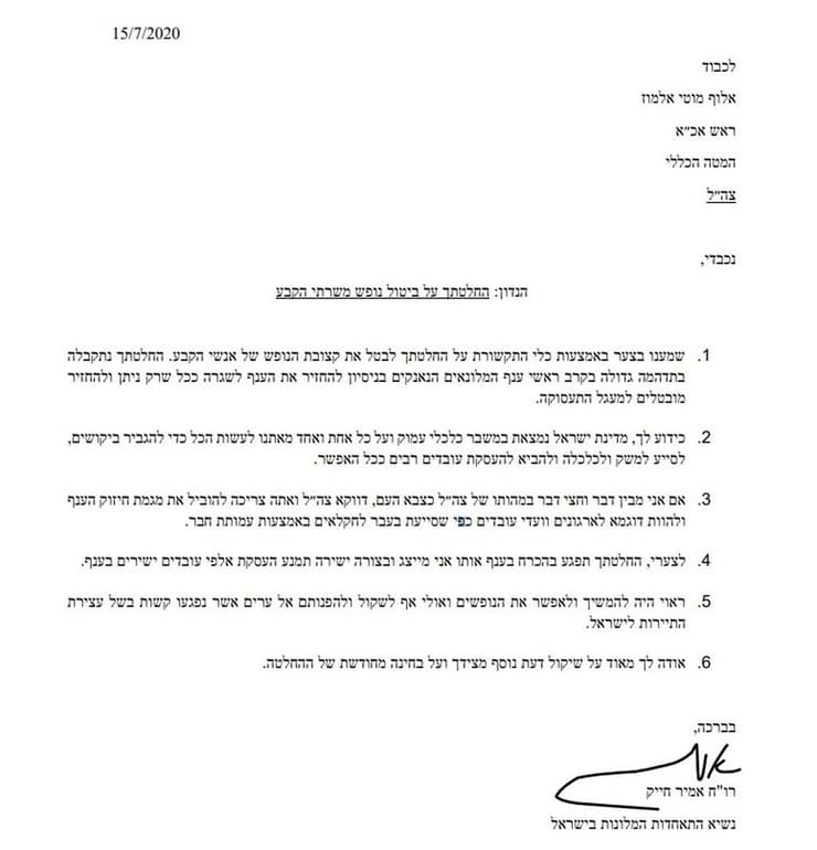 המכתב הזועם של מנכ"ל התאחדות המלונות נגד החלטת צה"ל