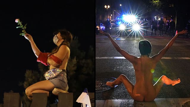 אישה מפגינה ב עירום פסל מנורה ירושלים ו פורטלנד ארצות הברית