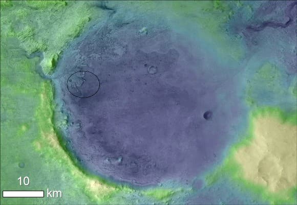 פוטנציאל לסימני חיים. צילום לוויין של מכתש ג'זרו, הדלתא בצד שמאל. באליפסה: אתר הנחיתה