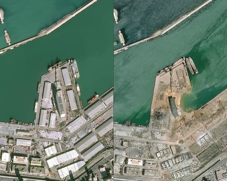 לבנון ביירות פיצוץ נמל תמונות לוויין לפני ו אחרי