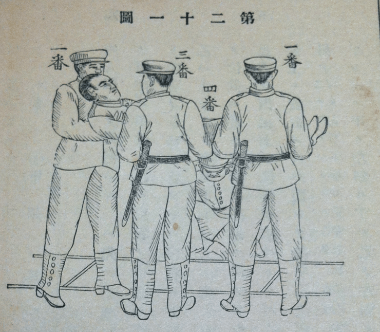 כיצד לפנות פצוע על אלונקה. לקוח מספר לימוד לחובשים שפורסם על ידי משרד הצבא היפני (Rikugunshō, Rikugun kangosotsu shūgyōsho. Tokyo: Kobayashi Matashichi, 1899).