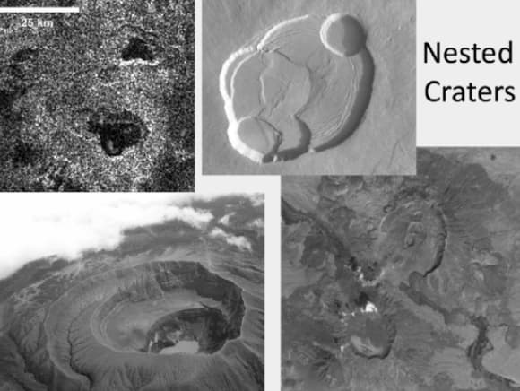 תופעה אוניברסלית. הדמיות המכ"מ של כמה מכתשים על טיטאן (למעלה משמאל) בהשוואה למכתשים על מאדים (למעלה מימין) ובכדור הארץ (למטה)