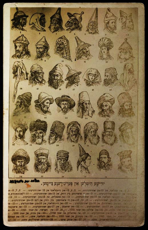 דוגמה לסוגים השונים של כובעים יהודים בקהילות אשכנז אנחנו מוצאים במודעה הזו מתחילת המאה העשרים . שם המודעה מתורגם מיידיש הוא "כובעים יהודיים למועדים שונים":
