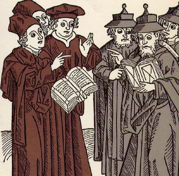  יוהאן פון ארמסשהיים, 1483. חיתוך בעץ ויכוח בין מלומדים נוצרים לבין יהודים (ימין)