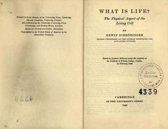 ההיבט הפיזיקלי של התא החי. עמוד השער של הספרון "מהם החיים?", מהדורת 1948