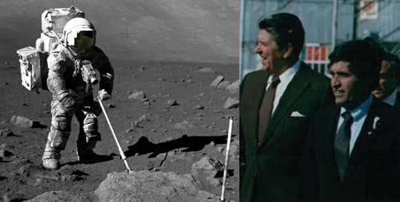 הריסון שמיט על הירח (משמאל) וכסנאטור עם רונלד רייגן 