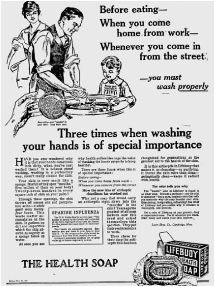 מודעה ל"סבון הבריאות" נגד השפעת. The Pittsburgh Press, 21 באוקטובר 1918
