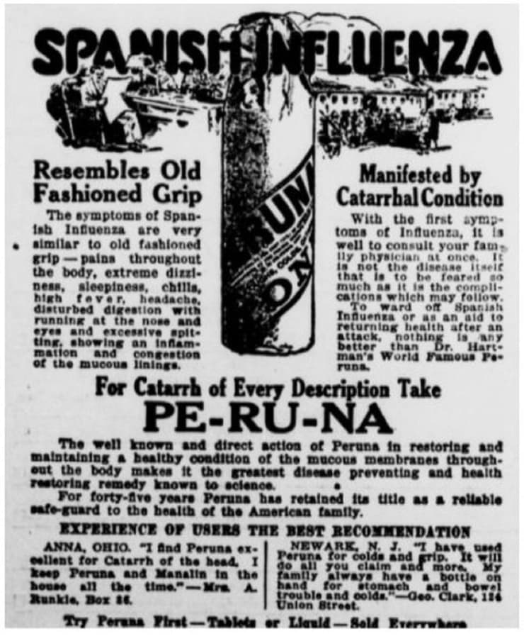 משקה אלכוהולי שנלחם בשפעת. Washington Standard, 1 בנובמבר 1918