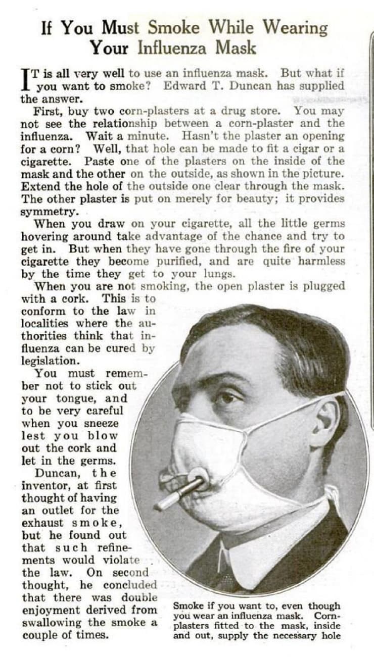מסכה למעשנים: הגנה משפעת אבל לא מסרטן. Popular Science Magazine, 1 במאי 1919