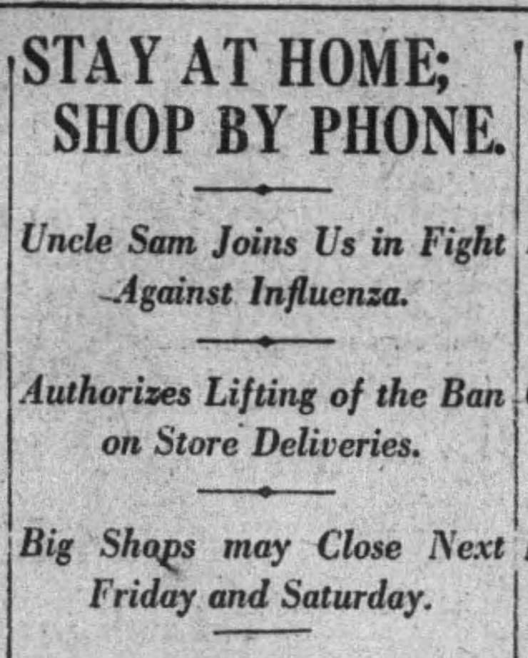"הישארו בבית, קנו דרך הטלפון". The Los Angeles Times, 26 בנובמבר 1918