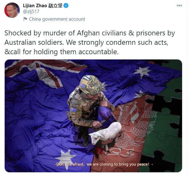 ציוץ של ז'או ליג'יאן דובר משרד החוץ הסיני ובו תמונה מזויפת של חייל אוסטרלי משסף את גרונו של ילד אפגני