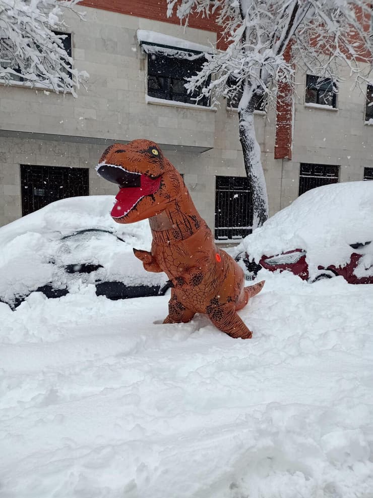 אדם בתחפושת דינוזאור שלג סופה מדריד ספרד