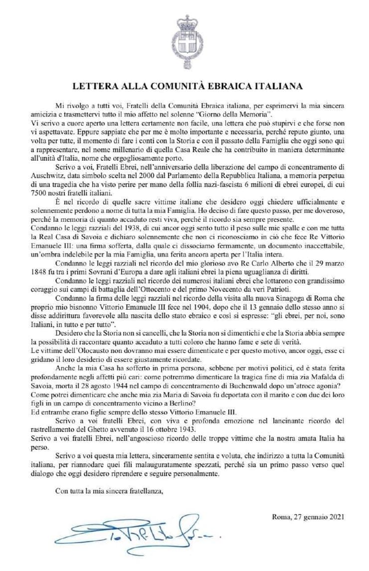 מכתב ההתנצלות של יורש העצר האיטלקי, אמנואלה פיליברטו די סבויה