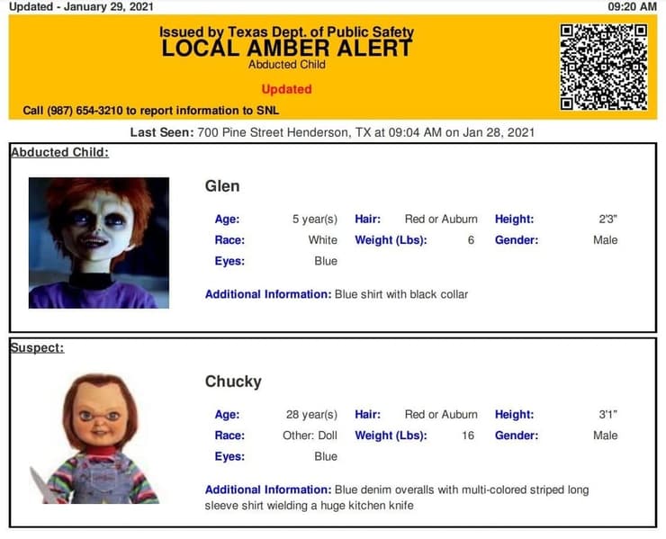ארה"ב צ'אקי הבובה הרוצחת משחק ילדים הודעת נעדר בשוגג