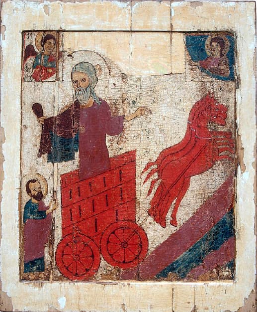 אייקון צפון רוסי משנת 1290 מראה את עלייתו של אליהו הנביא לכיוון השמיים
