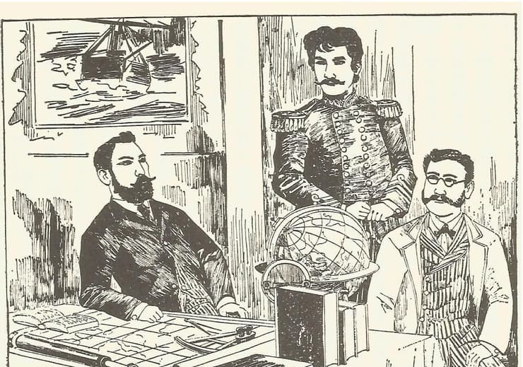 מתוך, ינו ריוקי, המבצר הצף, 1890. הגיבורים מתכוננים לצאת לכבוש את העולם בעזרת הספינה המצוידת בטכנולוגיות נפלאות שיבנו