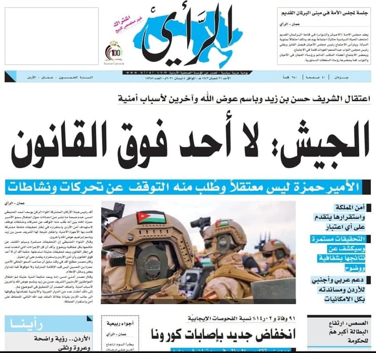 ירדן שער העיתון עיתון  א-ראי יום אחרי מעצרים לכאורה מזימת הפיכה נגד המלך עבדאללה