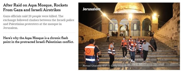 "פשיטה על אל-אקצה, רקטות מעזה והפצצות ישראליות". הדיווח ב"ניו יורק טיימס"  