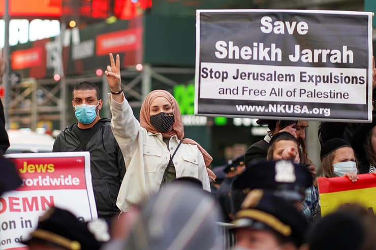 ארה"ב מפגינים פרו פלסטינים כיכר טיימס ניו יורק מבצע שומר החומות