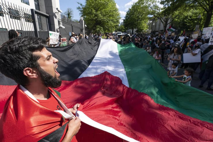 מפגינים מול השגרירות הישראלית בוושינגטון הבירה. "זה פשוט טיהור אתני, זה לא מסובך"   