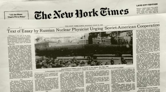 "מאמר של מדען גרעין רוסי הקורא לשיתוף פעולה אמריקאי-סובייטי". מאמרו של סחרוב ב"ניו יורק טיימס" |