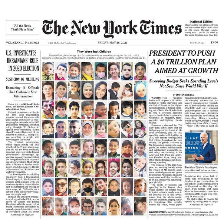 שער ה"ניו יורק טיימס" עם תמונות הילדים והנערים שנהרגו במבצע