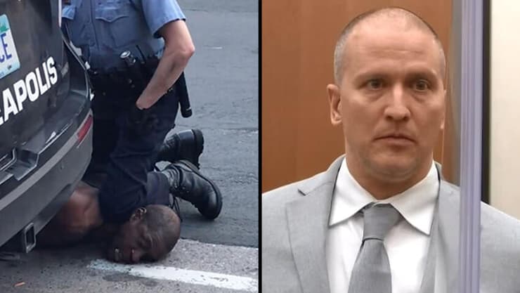 משמאל: השוטר הדורך דרק שובין חונק למוות את ג'ורג' פלויד במאי 2020. מימין: שובין במשפטו, שבו נשלח ל-22.5 שנות מאסר