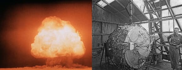 מימין: הפצצה הגרעינית הראשונה; משמאל: ניסוי טריניטי, הפיצוץ הגרעיני הראשון 