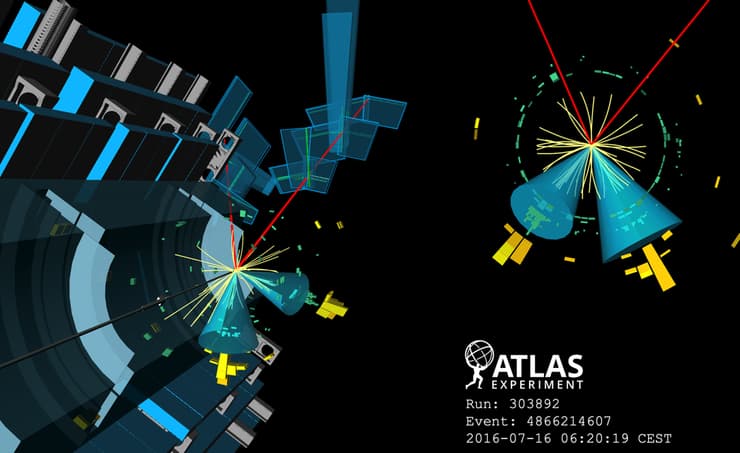 מחשה ויזואלית של אחת מן ההתנגשויות שנצפו בגלאי אטלס, והיא דוגמה לסוג התהליכים אותם אנחנו מחפשים, ולחתימה שהם משאירים בגלאים שלנו. במקרה הזה  נוצר בוזון היגס, ביחד עם בוזון מסיבי נוסף הנקרא Z (נושא הכוח החלש). הקונוסים הכחולים והמלבנים הצהובים הצמודים אליהם מייצגים את זוג הקוורקים אליהם התפרק ההיגס,   במקרה הזה שהם מסוג קסם.  ה-Z מתפרק לשני חלקיקים הנקראים מיואונים, אותם ניתן לזהות על ידי הקווים האדומים בתמונה