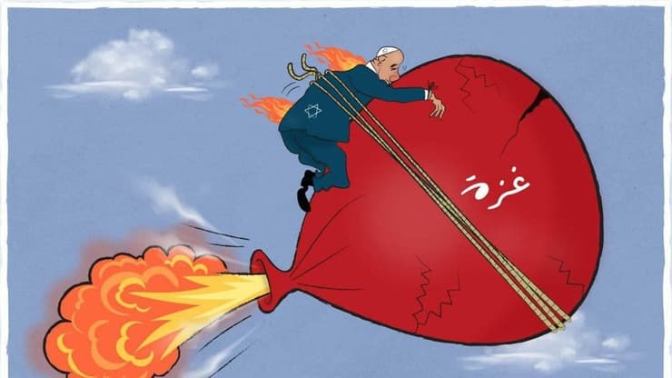 קריקטורה פלסטינית שמציגה את נפתלי בנט כרוך לבלון תעברה