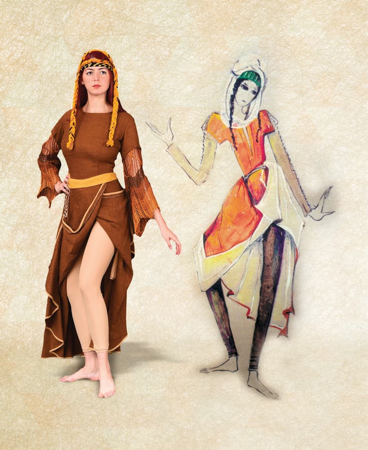 מימין: סקיצה לתלבושת ללהקת ענבל, בעיצוב לידיה פינקוס-גני. משמאל: התלבושת המוכנה לפי העיצוב