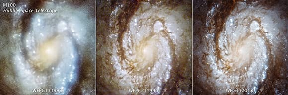 צבעים מרהיבים. צילומים של גלקסיית M100 שנעשו בטלסקופ החלל האבל, עפ המצלמה המקורית (משמאל), לאחר שדרוג הטלסקופ (במרכז) ולאחר שדרוג נוסף (מימין)