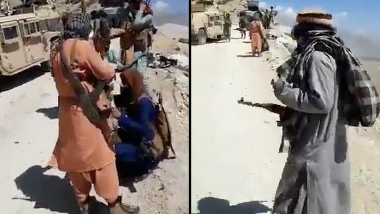 קרבות בעמק פנג'שיר חמושים ליד רכבים עם דגל ה טליבאן אפגניסטן