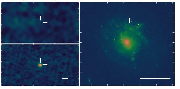 התמונה השמאלית העליונה היא תמונת רדיו מ-1997. השמאלית התחתונה היא תמונה של אותו המקום מ-2017 בה רואים בבירור את מקור הרדיו החדש. התמונה מימין היא תמונה באור נראה שצולמה ע"י טלסקופ החלל האבל, בה רואים את הגלקסיה בה אירעה הסופרנובה